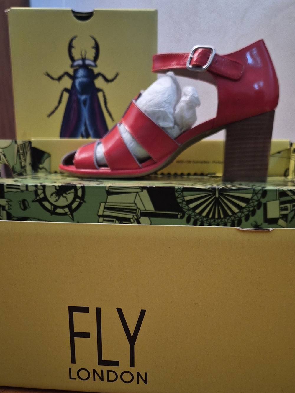Fly London Coral/Scarlet Red Leather Strappy Block Heel Sandal